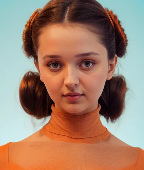 <a3del10>, photo of seductive a beautiful woman as a sexy student, perfect hair, hair upsweep updo, (tight Milano turtleneck dress), closeup portrait, ((plain cyan and orange background gradient:1.2)), 24mm, (analog, cinematic, film grain:1.3), detailed ey...