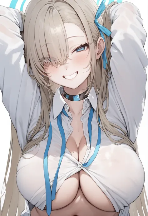 masterpiece, best quality, <lora:frengXL_V1:1> 1girl, breasts, solo, navel, asuna (blue archive), shirt, blue eyes, hair over one eye, underboob, smile, large breasts, long hair, halo, white shirt, stomach, looking at viewer, grin, mole, no bra, collared s...