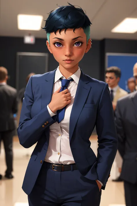 masterpiece, best quality, 1girl, solo, looking at viewer, breasts,  <lora:rileyfairfeather-guy-v2:.95>, rileyfairfeather, piercing, undercut, freckles, suit, tie, pants,