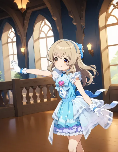 best quality, ultra-detailed, (1girl, solo,  chonmage hair, light brown hair, <lora:sdxl-little_my_cinderella-v1:1>,, littlemycinderella, blue dress, sleeveless, standing ,, smile ),in a castle