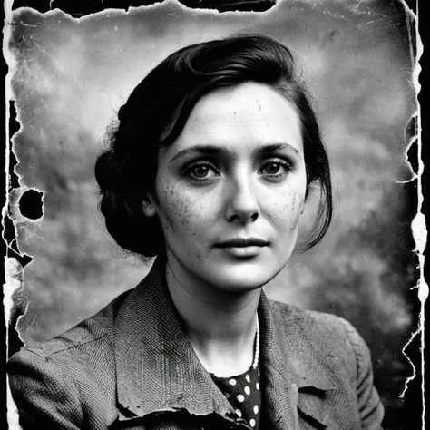 old wwii black and white image of a woman, analog style, damaged photo,  <lora:eliolsen2_xl_3_standard_merger_36_41_72_03_03_04:...