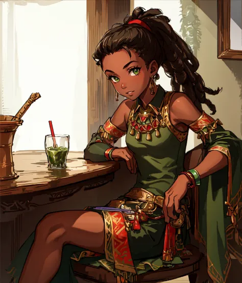 masterpiece, high res, detailed face, detailed eyes, 1 girl, solo, slender, drinking, green juice, dark skin. dreadlocks, ponytail, green eyes, green top, long black tighs, sitting, ((full body)), cowboy shot, looking at the viewer, indoors, tavern <lora:A...