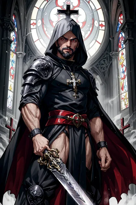 a male medieval fallen priest, wearing intricate priest armor, black hooded cloak, evil sword, cross, red eyes, (smirk:0.8), muscular, intricate dark medieval church background, beard, white hair, fighting stance, best quality, masterpiece, extremely detai...