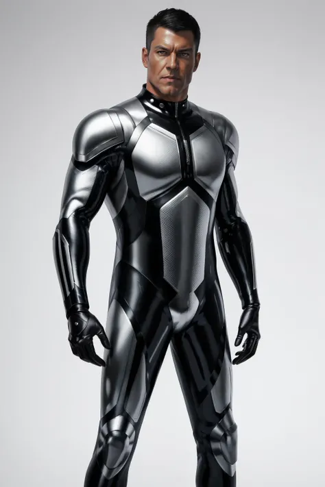 cyborg man standing, silver neoprene suit with, white background  <lora:100_triathlon_wetsuits_v1:0.65>,  shiny, spacesuit, boots, silver, muscular, ((armor)), (biker gear), ((thrown legacy)), (cyberpunk), masculine, helmet, gloves