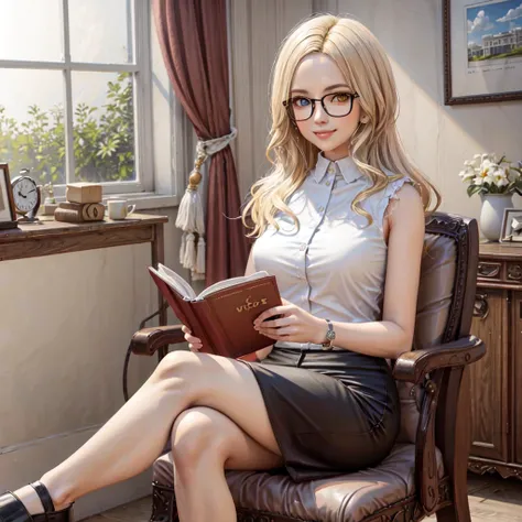 indoors, office, office table, legs crossed, black chair, documents, plant, window, sitting, upper body, portrait, smile, looking at viewer, reading a book, holding a book, masterpiece, higres, best quality, Neamhain, 1girl, long hair, blonde hair, (hetero...