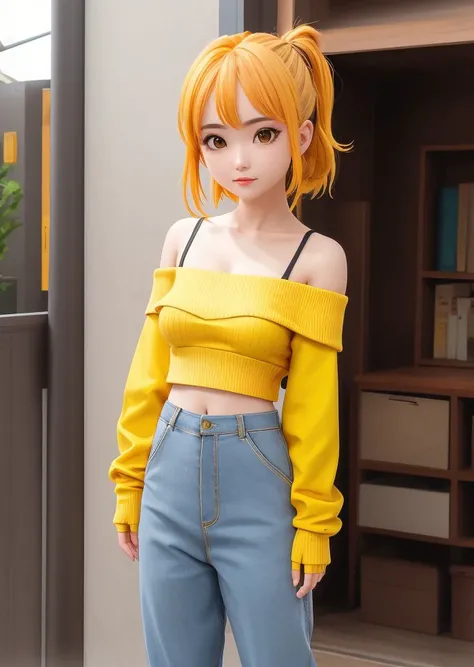 1girl, miko_kubota, yellow shirt, off shoulder, navel, pants, sweater around waist, fingerless gloves,