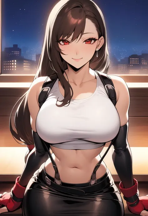 masterpiece, best quality, 1girl <lora:tifa-xl-nvwls-v1:0.9> defTifa, red eyes, low-tied long hair, earrings, white crop top, suspenders, black miniskirt, pencil skirt, arm warmers, black elbow gloves, elbow pads, red gloves, red footwear, (large breasts:0...