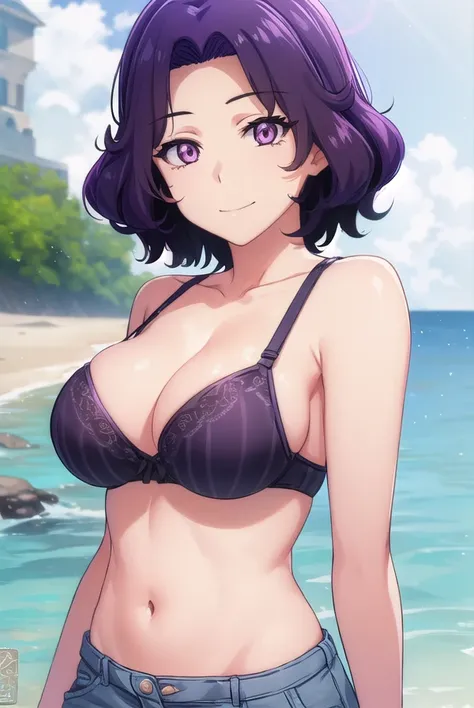 azusahamaoka, <lora:azusa hamaoka s1-lora-nochekaiser:1>,
azusa hamaoka, short hair, (purple eyes:1.1), purple hair, (parted bangs:1.5), smile, grin,
BREAK navel, cleavage, underwear, shorts, bra, black bra,
BREAK outdoors, beach,
BREAK looking at viewer, ...