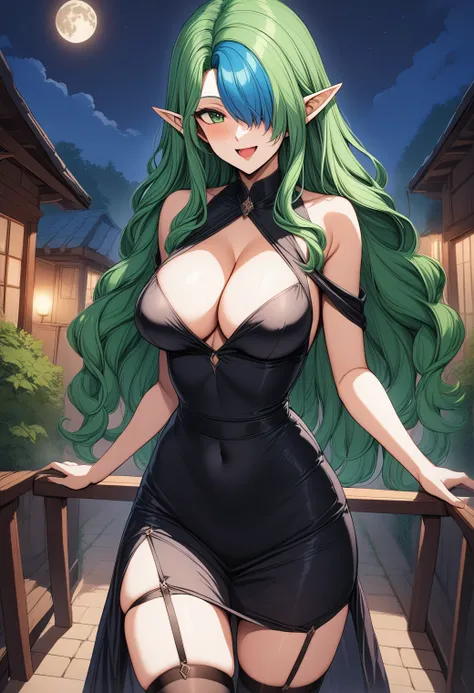 misery, green eyes, hair over one eye, pointy ears, long hair, (green hair:1.2), (blue hair:1.2), multicolored hair, two-tone hair, breasts, cleavage, dress, thighhighs, <lora:Misery_sdxl_ver1:0.7>
1girl, cowboy shot,  outdoors, night,  moon, smile, open m...