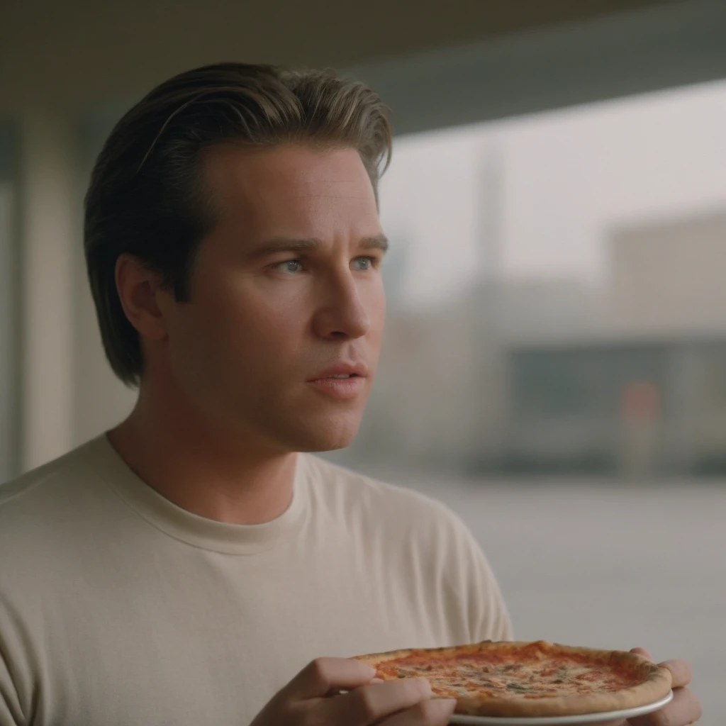 Ultra-realistic extraordinarily detailed 8k masterpiece of a young val kilmer bruce wayne (((eating pizza))) at a restaurant, dramatic epic lighting, awesome composition <lora:kilmer batman:0.775>, eating, very cheesy pizza, extremely detailed eyes mouth a...