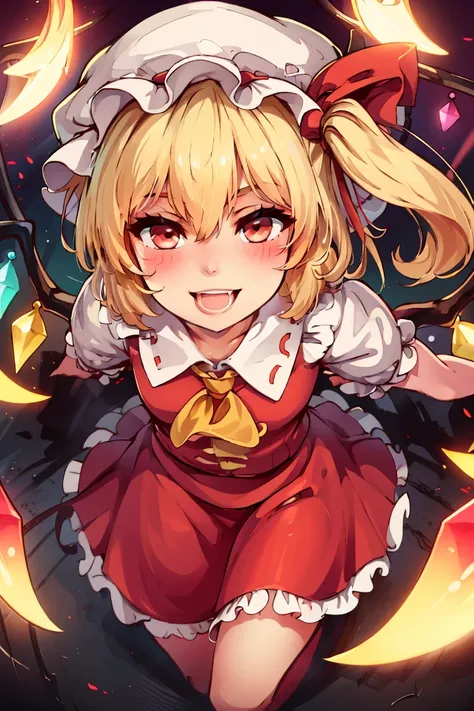 ((masterpiece,best quality)), absurdres, <lora:Flandre_Scarlet_Touhou:0.8>, Flandre_Scarlet_Touhou,  1girl, flandre scarlet, solo, blonde hair, wings, red eyes, looking at viewer, blush, hat, crystal, one side up, ribbon, open mouth, smile, mob cap, shirt,...