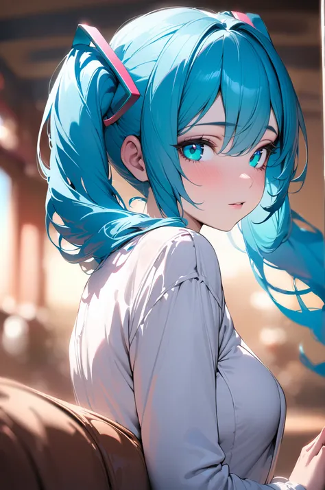 masterpiece,best quality,highres,absurdres,ultra detailed,pretty eyes,semi realistic, (Hatsune Miku),(twintails), blurry background,depth of field, masterpiece,best quality,ultra-detailed,