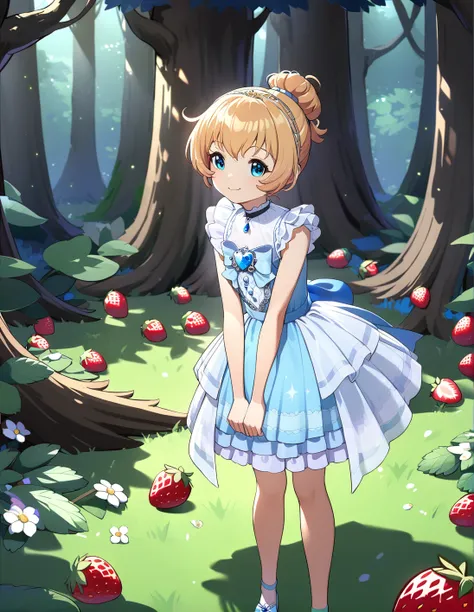 best quality, ultra-detailed, (1girl, solo,  topknot hair, strawberry blonde hair, <lora:sdxl-little_my_cinderella-v1:1>,, littlemycinderella, blue dress, sleeveless, relaxed posture, elbows extended, standing, knees  , smile ),in an enchanted woodland