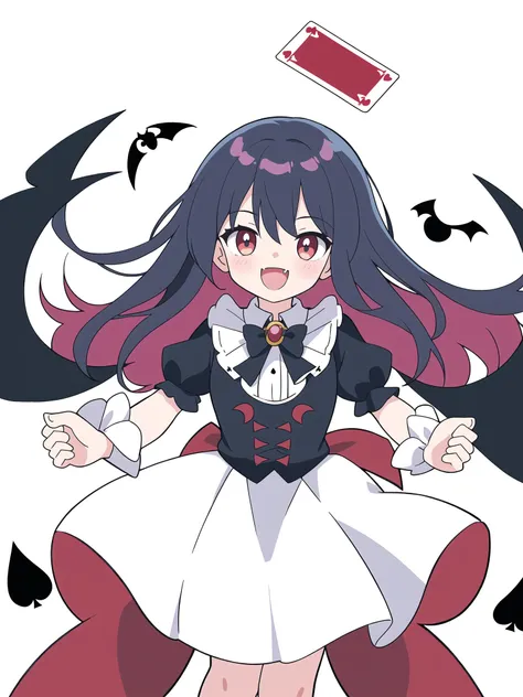 ((no one), ),  (white background),  (reference to the scene of throwing cards into the air),  (depicting a playing card suspended in the air),  playing cards,  drawn,  vampire,  1girl,