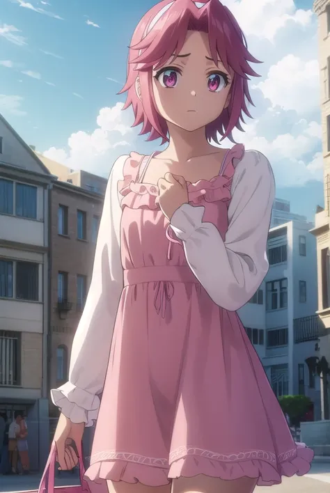 alicemaresato, <lora:alice maresato s1-lora-nochekaiser:1>,
alice maresato, short hair, pink hair, red hair, hairband, (pink eyes:1.3), (parted bangs:1.5),
BREAK dress, frills, long sleeves, pink dress,
BREAK outdoors, city, zombies, sun, sky, clouds, cars...