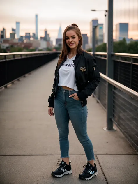 Realistic photo of a beautiful 4ll1s0np woman, 1girl,solo,long hair,looking at viewer,smile,brown hair,shirt,standing,jacket,full body,outdoors,shoes,pants,black footwear,black jacket,black shirt,building,sneakers,city,realistic,hands in pockets,railing,ci...