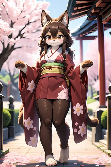 (furry:1.2), realistic fur, details down to every fluff, big eyes, i want the whole image to be created in 3D anime style, 1girl, solo, looking at viewer, smile, animal ears, brown eyes, closed mouth, standing, tail, full body, japanese clothes, kimono, bl...