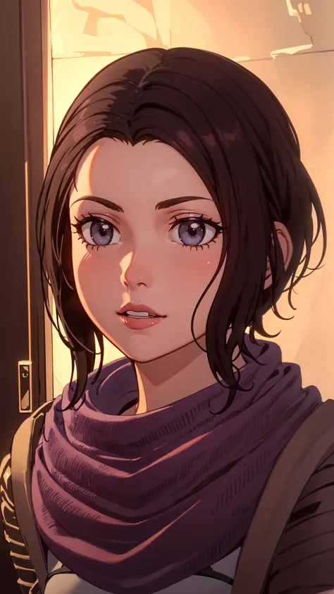 zoecas, centered close up, 1woman, black short hair, (((hazel eyes))), gray coat, purple scarf, <lora:zoecas:0.7>, 8k, 16k, trending on pixiv, fanbox, skeb, masterpiece, detailed face, digital painting,