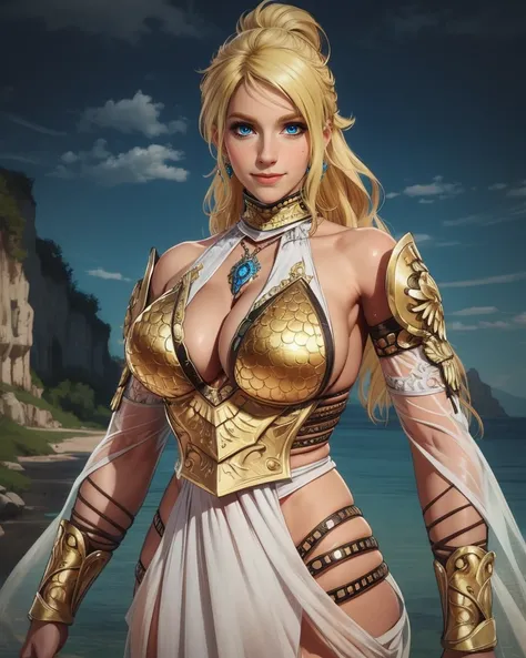 Athena,blonde hair,blue eyes,bikini armor,jewelry,cleavage,detached sleeves,
castle,skirt,
upper body,smile,standing,
(insanely detailed, beautiful detailed face, masterpiece, best quality),<lora:AthenaOR:0.8>,