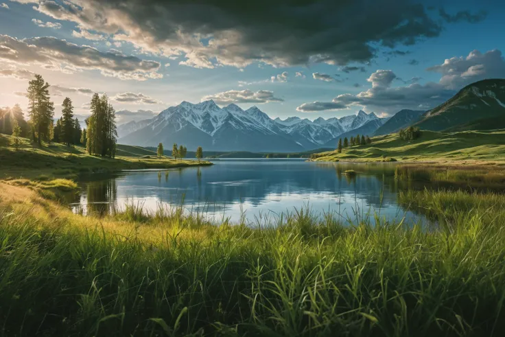 professional  photo of a lake surrounded by mountains and grass with a cloudy sky above it and a few trees in the foreground, Arkhip Kuindzhi, award-winning photograph, a matte painting, naturalism, insane details, cinematic light, detailed, color grading,...