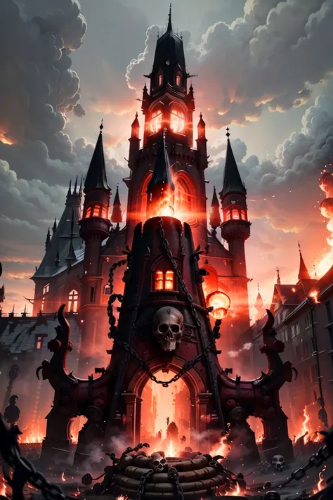 ((masterpiece,best quality)),
<lora:Khorne_World:0.7>,
Khorne_World, (giant skulls), (big castle, buildings with windows :1.2), chain, spikes, fantasy,
lava, 
fire, red glow, red theme,