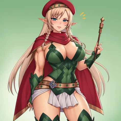 (masterpiece, best quality:1.3), Cheekie, 1girl, solo, looking at viewer, wide hips, mature female, closed mouth, seductive smile, large breasts, cowboy shot, muscular female, thick thighs,  <lora:Cheekie Style Lora:.9>, alleyne, elf, side braid, beret, ca...