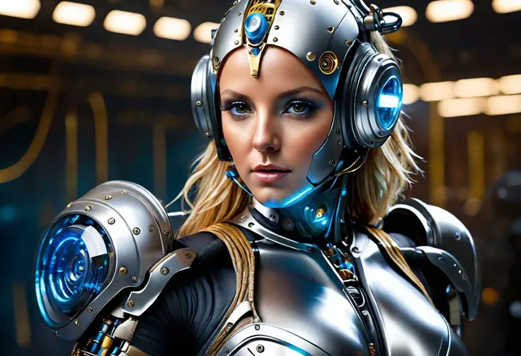 Digital depth map, digital indicators on the map, Britney Spears dressed as a robot, a robot suit made of steel, a powerful steel connection in a robot suit, with electrical connections from the suit to a head shield,
Strong steel head shield, highly detai...