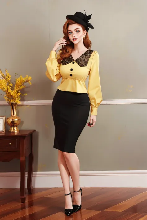 Retro Yellow Blouse & Black Pencil Skirt