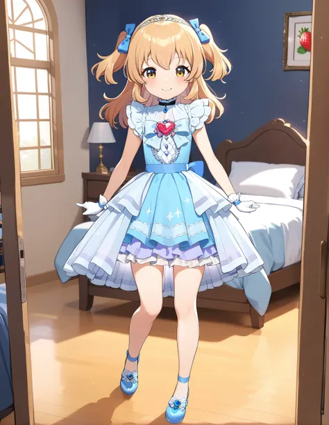 best quality, ultra-detailed, (1girl, solo,  two side up hair, strawberry blonde hair, <lora:sdxl-little_my_cinderella-v1:1>,, littlemycinderella, blue dress, sleeveless, standing ,, smile ),in a bedroom