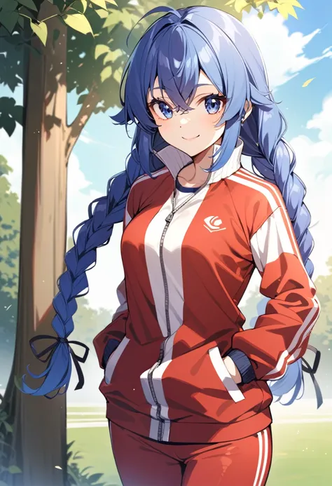 cowboy shot, solo, 1girl, roxy migurdia, smile, looking at viewer, hand in pocket, twin braids, track suit, track jacket, red pants, outdoors <lora:mushokutensei_roxymigurdia_xl-000004:0.9>