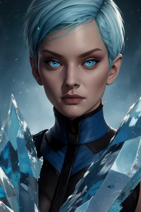 Frost,blue eyes,short hair,
bodysuit,blue attire,looking at viewer,
standing,upper body,serious,close up,
fantasy,winter,ice,
(insanely detailed, masterpiece, detailed face,  best quality) solo,<lora:FrostD:0.8>,