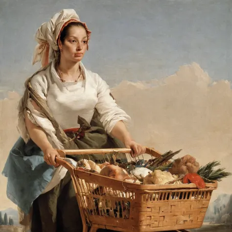 Painting of realistic detailed woman pushing a shopping cart by Tiepolo AH_Tiepolo  <lora:Paintings_by_Giovanni_Battista_Tiepolo_-_ventian_Rococo_painter:1>