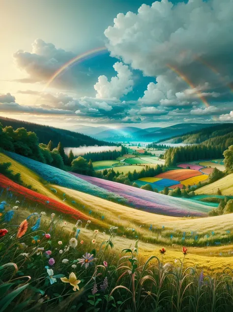 ais-fairiez enchanted meadow, with a rainbow arching over a field of wildflowers swaying in the breeze  <lora:Fairies_Style_SD1.5:1>