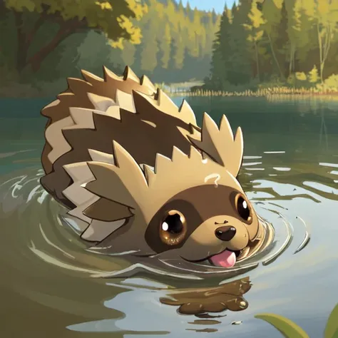 nature, photograph, brown zigzagoon swimming in a lake, funny licking up water from the lake, wall eyed <lora:zigzagoon-000210:0.8>