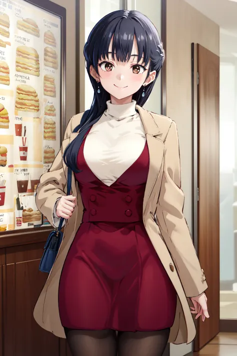 masterpiece,best quality,highres,ultra-detailed,ccanna,long hair,braid,bangs,earrings,large breasts,coat,brown coat,red dress,white shirt,turtleneck,skirt,pantyhose,black pantyhose,<lora:yamada_anna:0.9>,indoors,cowboy shot,standing,smile,