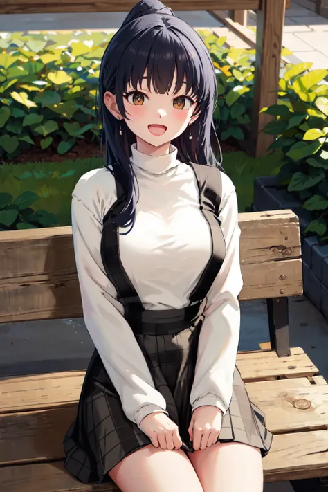 masterpiece,best quality,highres,ultra-detailed,bbanna,long hair,ponytail,bangs,earrings,large breasts,white sweater,turtleneck,long sleeves,suspender skirt,plaid skirt,<lora:yamada_anna:0.9>,outdoors,bench,sitting,:d,