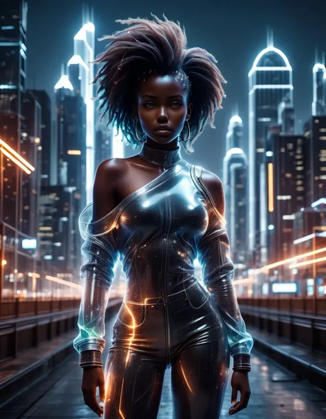 masterpiece, dynamic pose, a gorgeous (dark skin) girl over a future cityscape, depth of field, oversized shirt, off one shoulder, (shiny skin:1.4), cold lighting, detailed face, clear eyes, depth of field, messy hair, (intricate), machines, navel piercing...