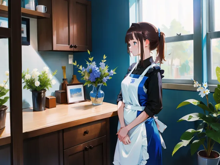 <lora:tamerai-12:1>1girl, apron, indoors, table, flower, vase, masterpiece, best quality