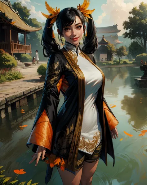 LingX,black hair,twintails,brown eyes,
chinese clothes,dress,long sleeves,black coat,coat feathers,white shirt,shorts,hair ornament,
standing,orange feathers.,
temple,pond,dawn,
looking at viewer,smile,
(insanely detailed, masterpiece, best quality),solo,<...