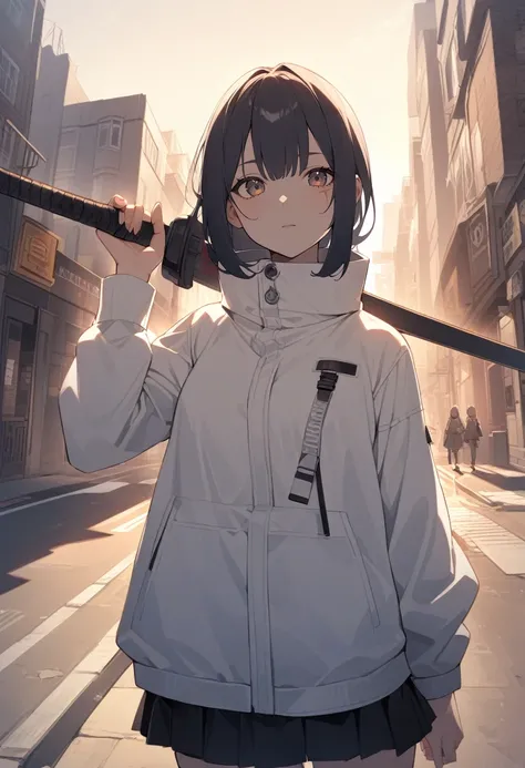 solo, 1girl, scar across eye, expressionless, looking at viewer, weapon over shoulder, holding weapon, white jacket, high collar, long sleeves, skirt, outdoors, city street, sunrise <lora:concept_overshoulder_xl-000004:1>