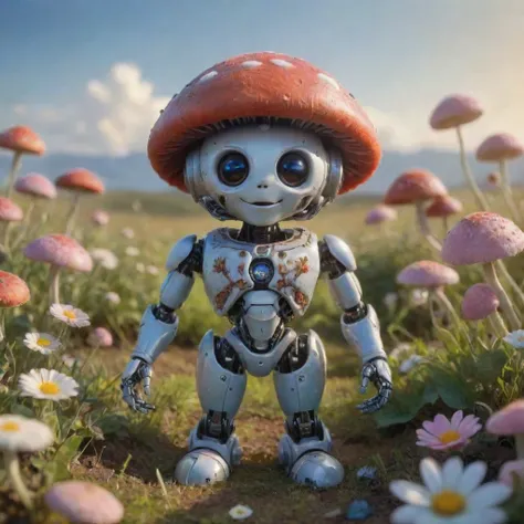 photograph of a cute little ((mushroom elf robot)) in a field of flowers, photorealistic, depth of field, highres, UHD, 8k, 4k, film grain, intricate details, fine detailed textures, best quality, masterpiece, happy robot, adorable, sunshine, blue sky, bes...