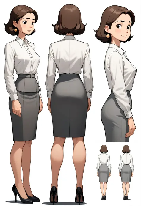 cartoon secretary, masterpiece, best quality, perfect lighting, extremely detailed, reference sheet, simple white background, (two views, [from behind|from front]:1)