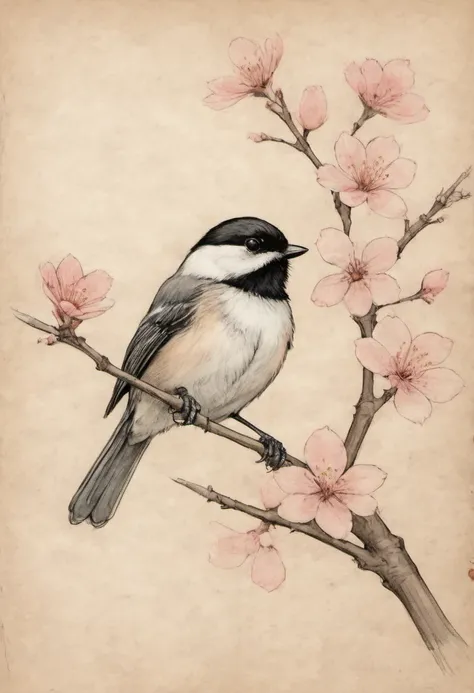 on parchment black in lines and wash illustration of a chickadee on a cherry blossom tree branch minimal meditative art