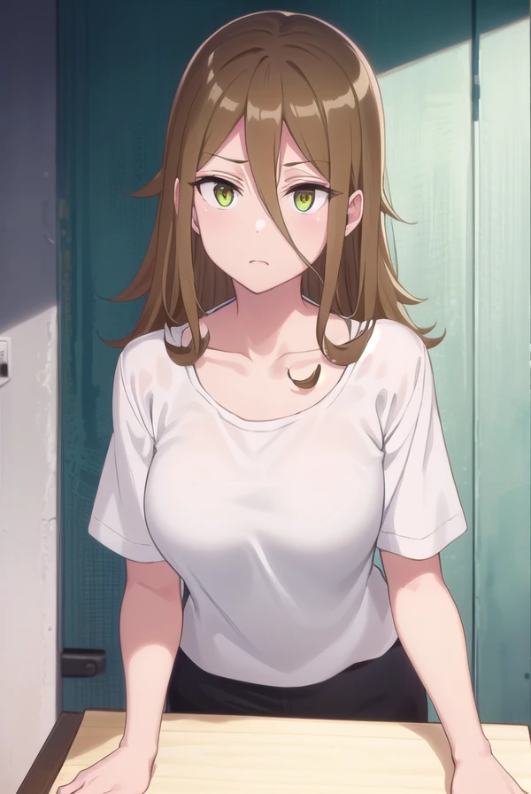 rumikaaina, <lora:rumika aina s1-lora-nochekaiser:1>,
rumika aina, long hair, brown hair, hair between eyes, (green eyes:1.3),
BREAK shirt, white shirt, collarbone, short sleeves, shorts, black shorts,
BREAK indoors, gym,
BREAK looking at viewer,
BREAK <ly...