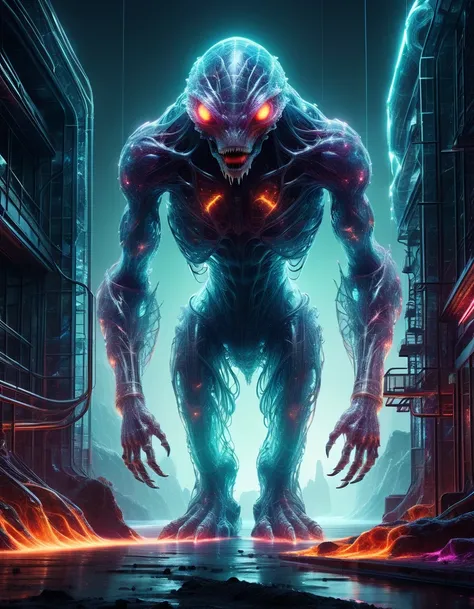 horror, sci-fi, and monster theme, chilling atmosphere with futuristic elements, monstrous creatures lurking in the neon-lit shadows, eerie sci-fi landscapes, glowing patterns adding an unsettling touch, digital art, high-energy atmosphere, intricate detai...