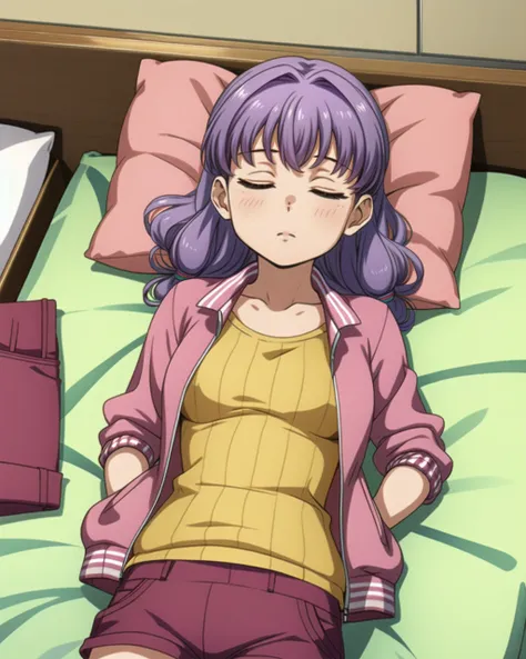 masterpiece, high quality, mgrcinamimitsuru, 1girl, medium shot, upper body, purple hair, eyes closed, yellow tank top, pink sport jacket, pink shorts, sleeping, lying, view from above, indoors, bedroom, bed, pillow, <lora:mgrcinamimitsuru-000016:0.6>, <lo...