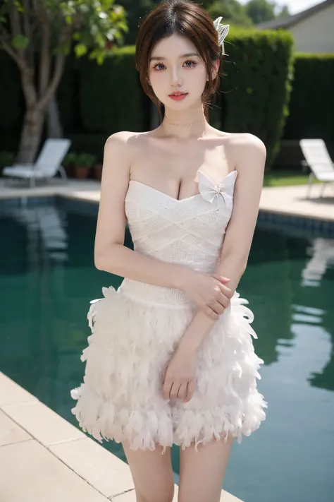 best quality,HDR,UHD,8K,Vivid Colors,solo,photo_,cute & girly,(1girl:1.3),(standing:1.3),(looking at viewer:1.4),swimming poor,(outdoors:1.3),Elegant,detailed gorgeous face,upper body,cleavage,<lora:rc80:0.8>, rc,dress,bow,