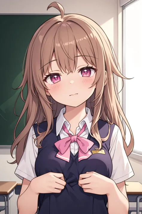 1girl,solo,light brown hair,long hair,ahoge,pink eyes,half-closed eyes,small breasts,head tilt,masturbation_through_clothing,saunders_school_uniform,wardrobe_malfunction,classroom,upper body,