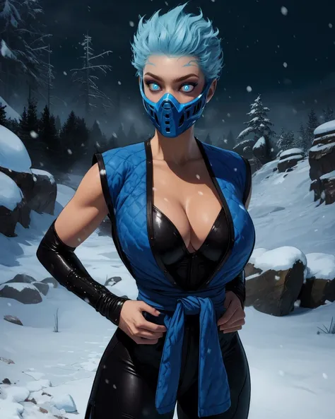 Frost,blue eyes,mouth mask,glowing eyes,short hair,
bodysuit,blue attire,cleavage,
standing,upper body,
dojo,snow,ice,
(insanely detailed, masterpiece,  best quality) solo,<lora:FrostD:0.8>,