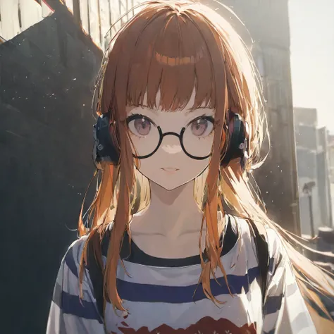 1girl, sakura futaba, walking on street shyly, striped shirt, portrait, (masterpiece), cinematic, beautiful light, best quality, newest, safe, absurdres  <lora:futaba_xl_rev2:1>